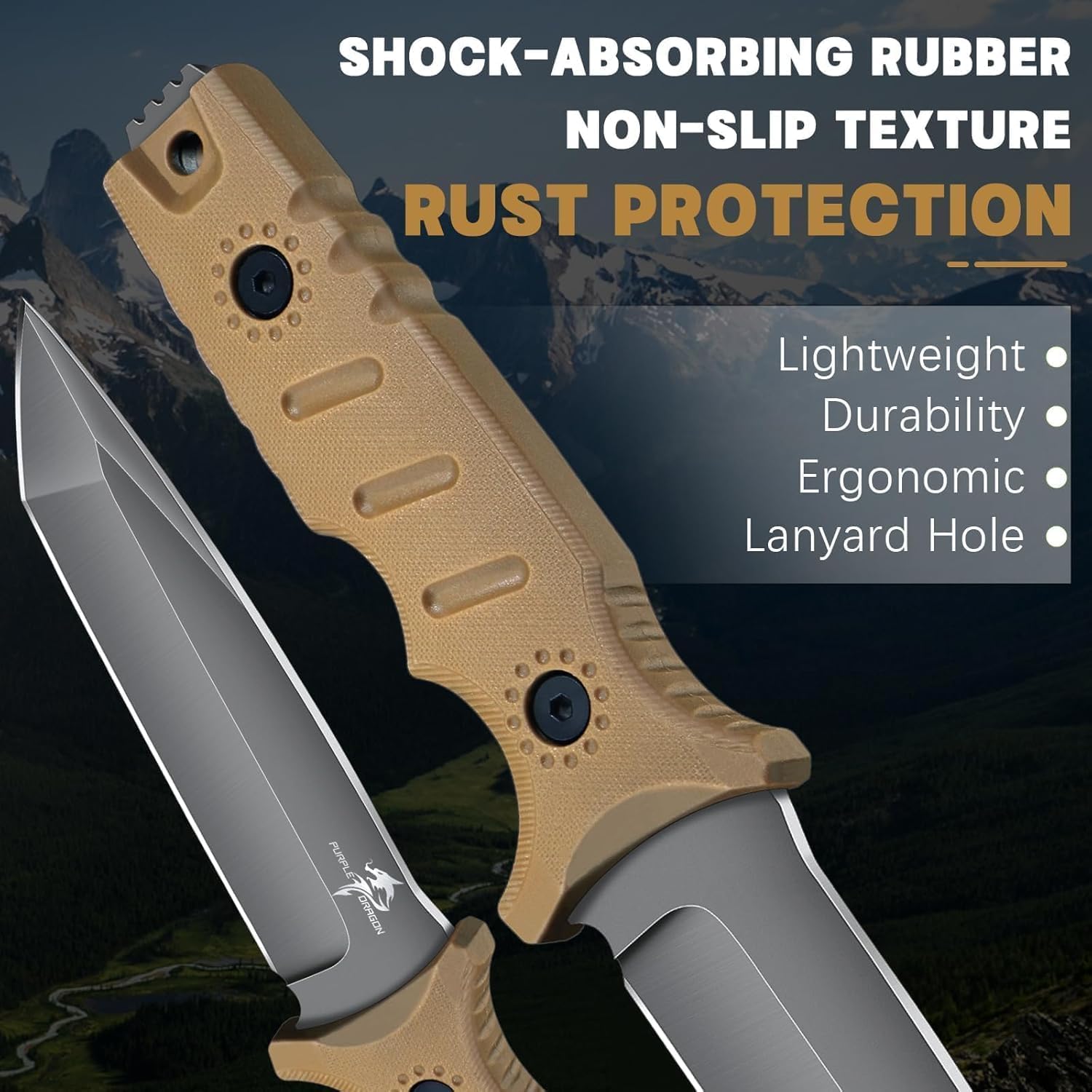 Full Tang Fixed Blade Tactical Knife with Sheath | High Carbon Steel Camping Knife with Ergonomic Khaki Handle, Built