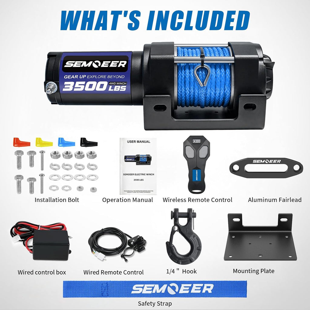 New 3500 lbs ATV Winch with Synthetic Rope & Wired Remote