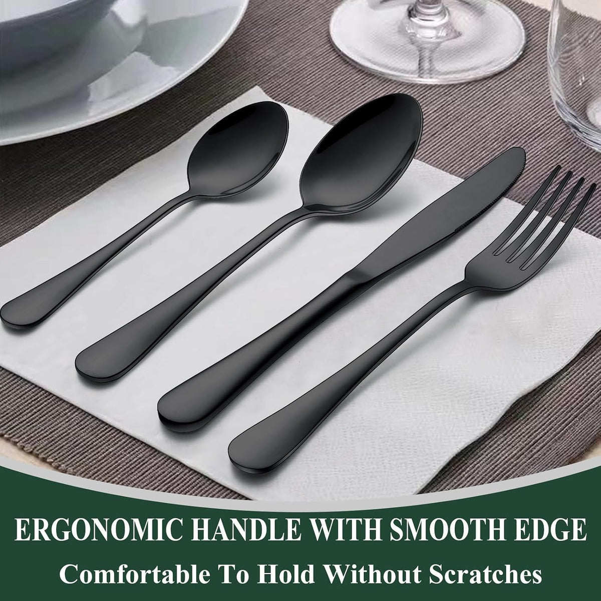 60-Piece Black Silverware Set, Stainless Steel Flatware Cutlery Set Service for 12, Tableware Eating Utensils Include