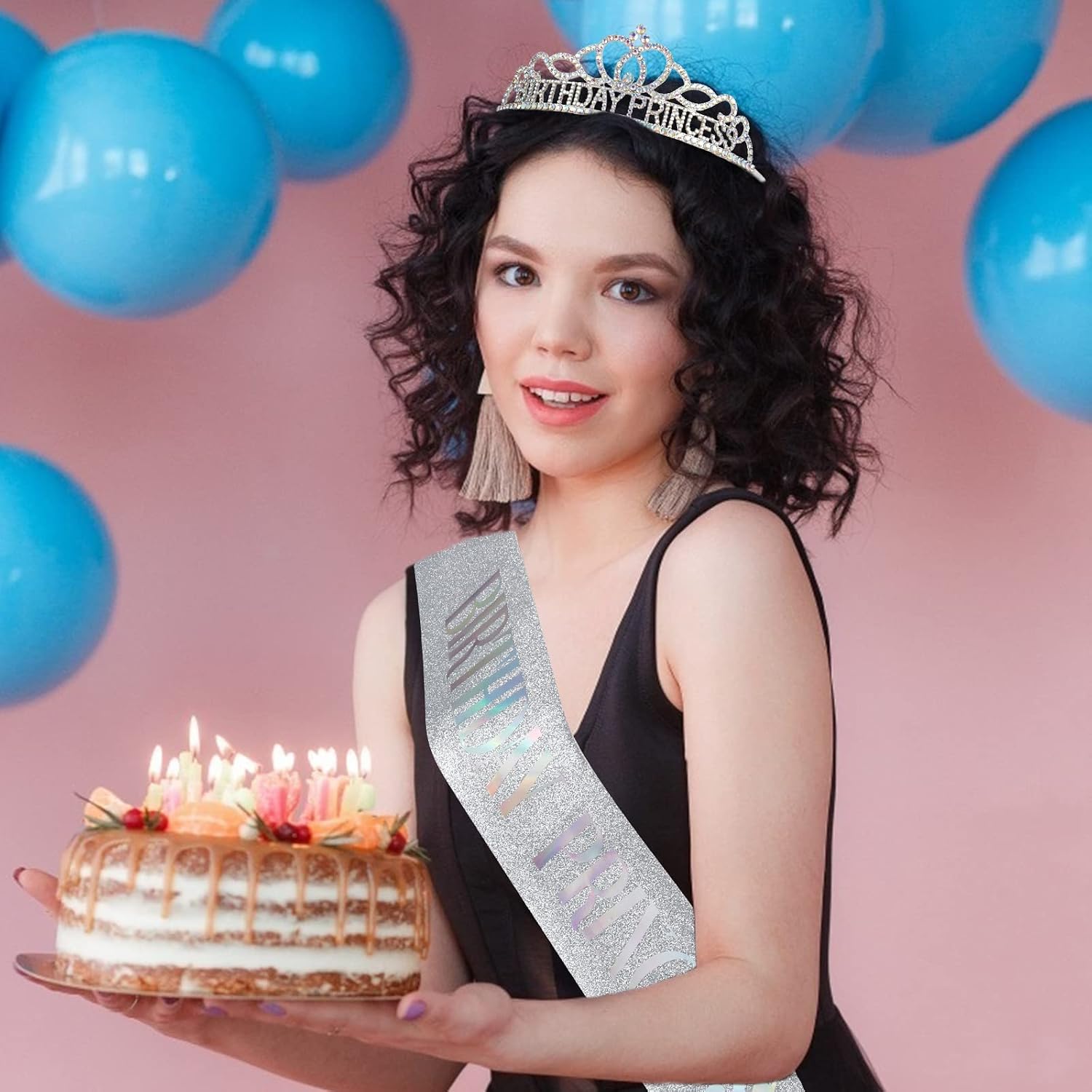 Birthday Princess Crown and Sash Set - Silver AB Rhinestones Tiara for Women and Girls - Birthday Decorations
