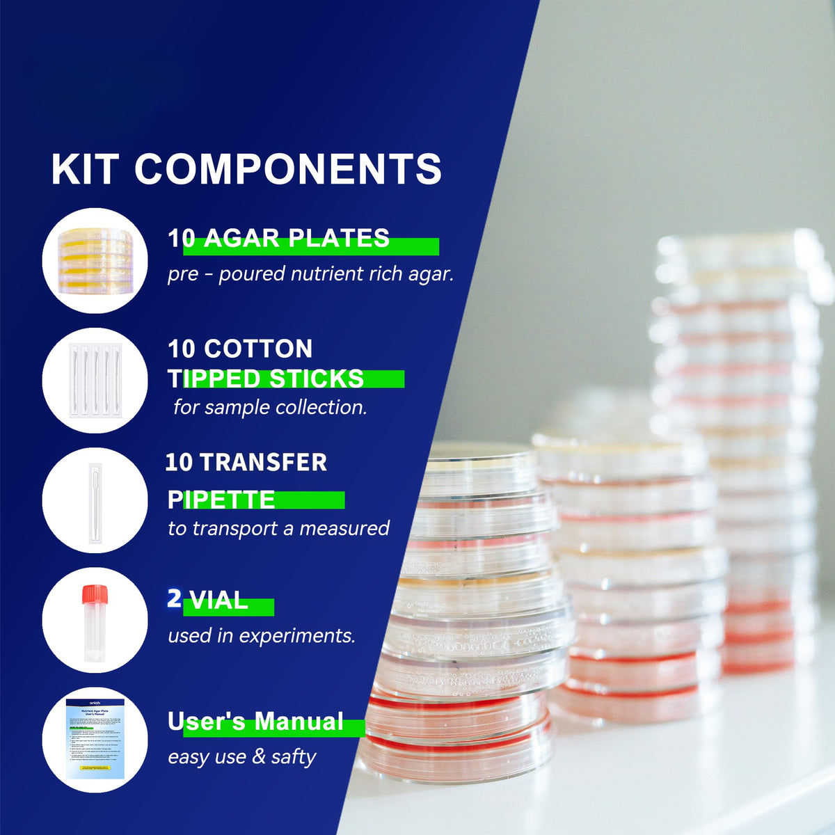 Nutrient Agar Petri Dishes Science Project Kit,10 Pre-Poured Agar Plates and Cotton Swabs for Science Experiments