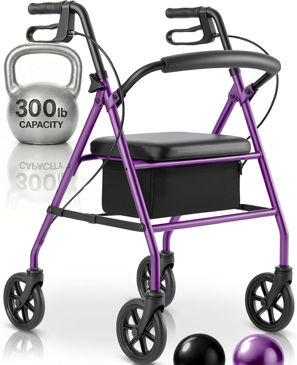 Steel Rollator Walker with Seat - Foldable, Narrow, Rolling Senior Walker for Small Spaces - 4 Wheel Lightweight