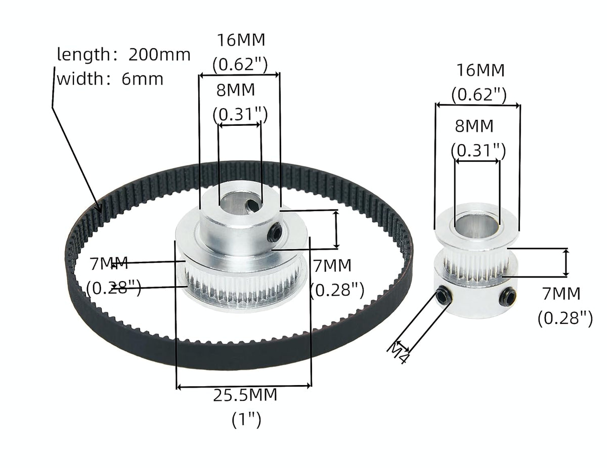 2PCS Set 2GT Aluminum Timing Pulley 20&36 Teeth 8mm Bore Synchronous Wheel with 2PCS Length 200mm Width 6mm Belt (20-36T-8B-6)