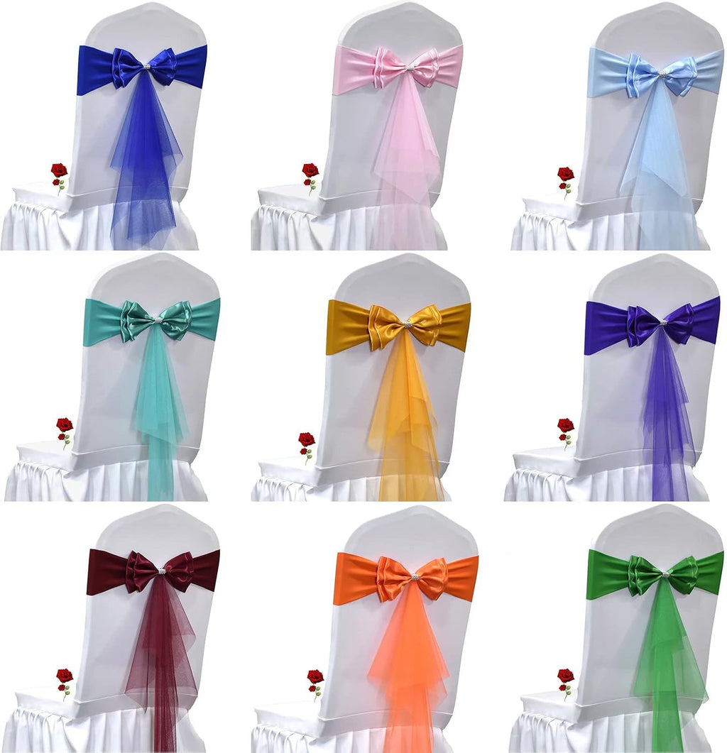 Pack of 20 Double Bows Organza Stretch Chair Sashes, for Wedding Party Chair Cover Decoration, Spandex Stretch Chairs