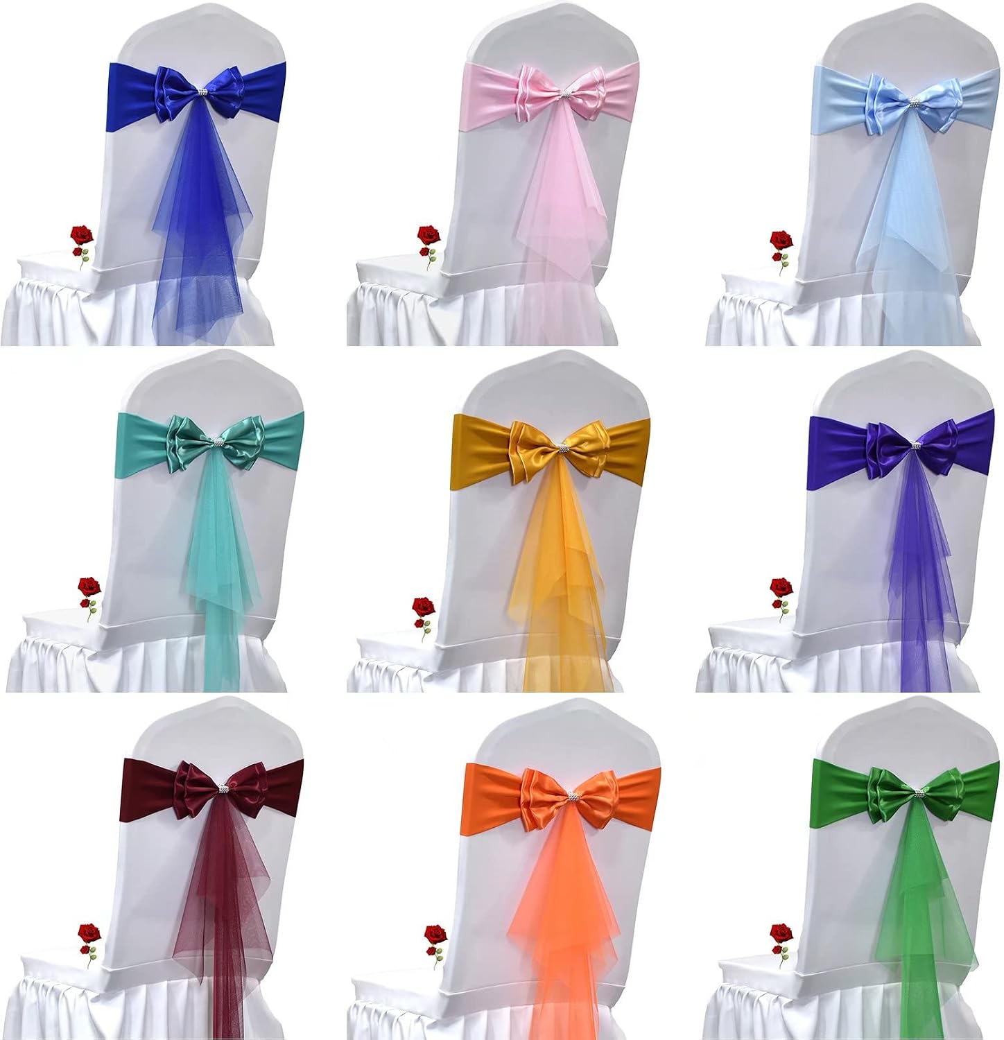 Pack of 20 Double Bows Organza Stretch Chair Sashes, for Wedding Party Chair Cover Decoration, Spandex Stretch Chairs