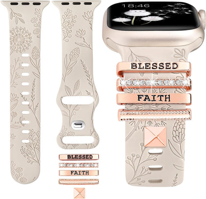 Compatible with Apple Watch Band with Charms 38/40/41/42mm Women, Decorative Ring Loop Floral Engraved Silicone Strap