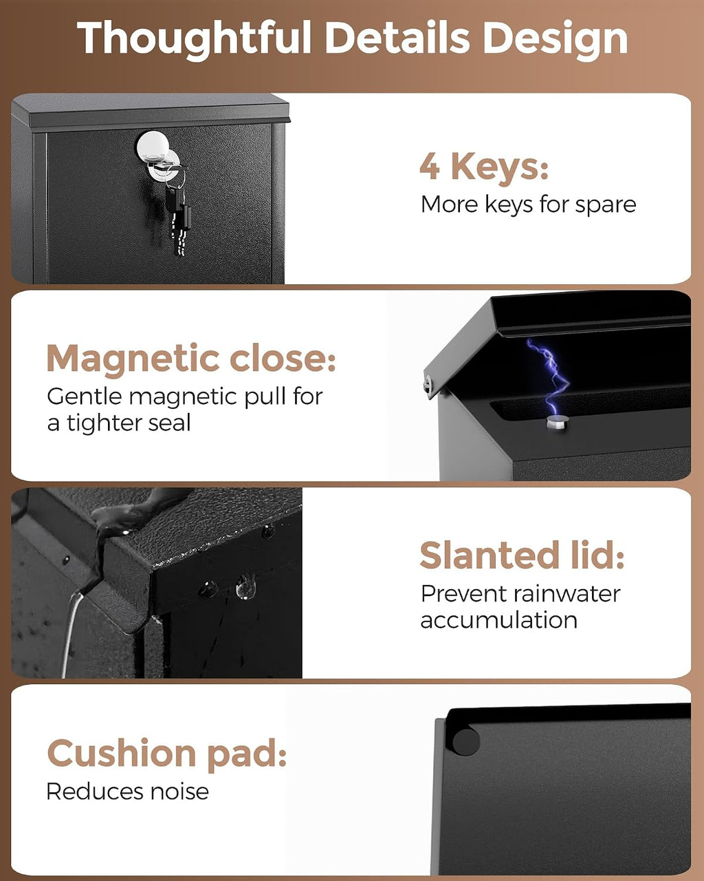 Locking Wall-Mount Mailbox for Outside, with 4 Keys, Galvanized Steel Rustproof Metal Postbox, 3.1" Dx7.5 Wx10.8 H