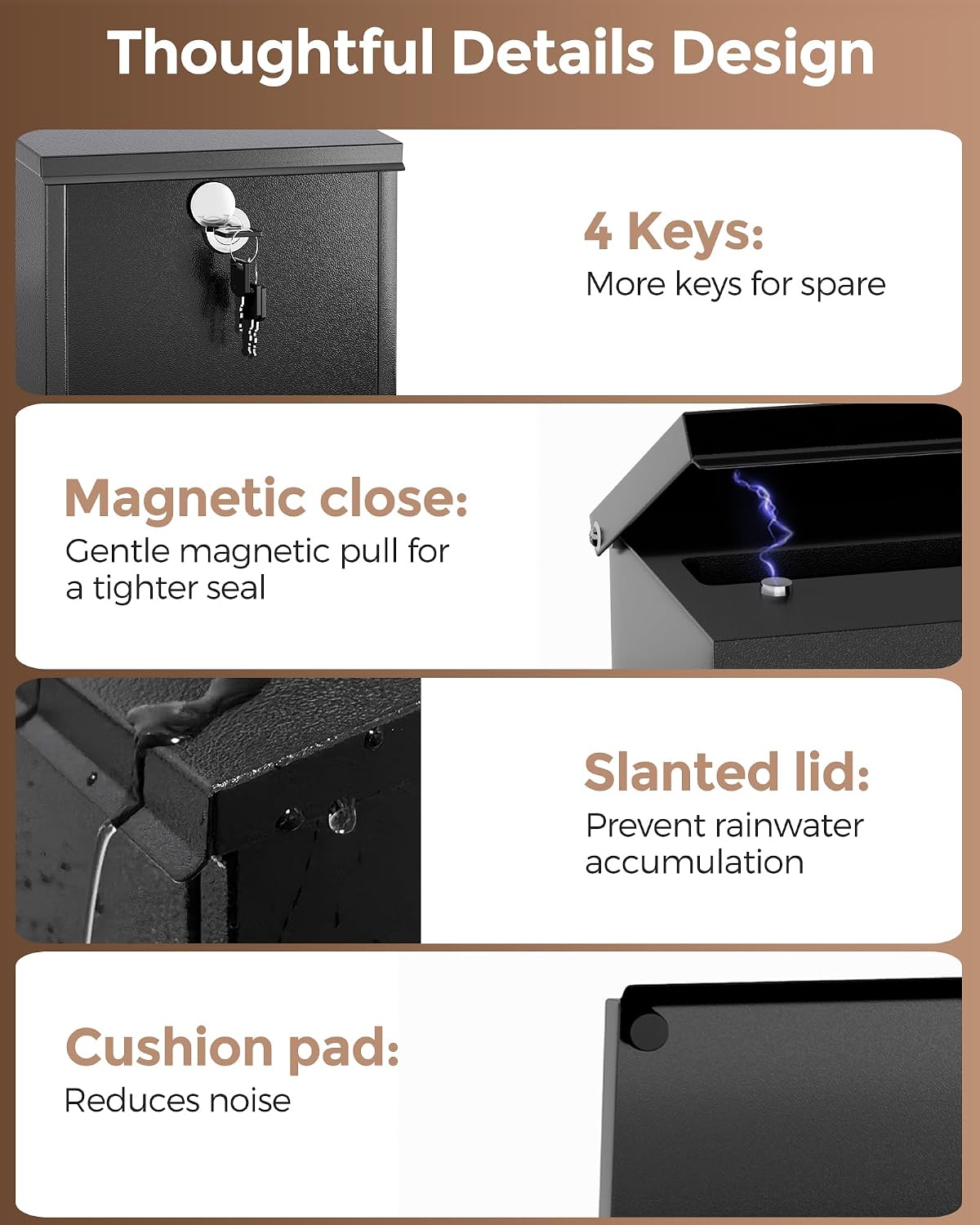 Locking Wall-Mount Mailbox for Outside, with 4 Keys, Galvanized Steel Rustproof Metal Postbox, 3.1" Dx7.5 Wx10.8 H