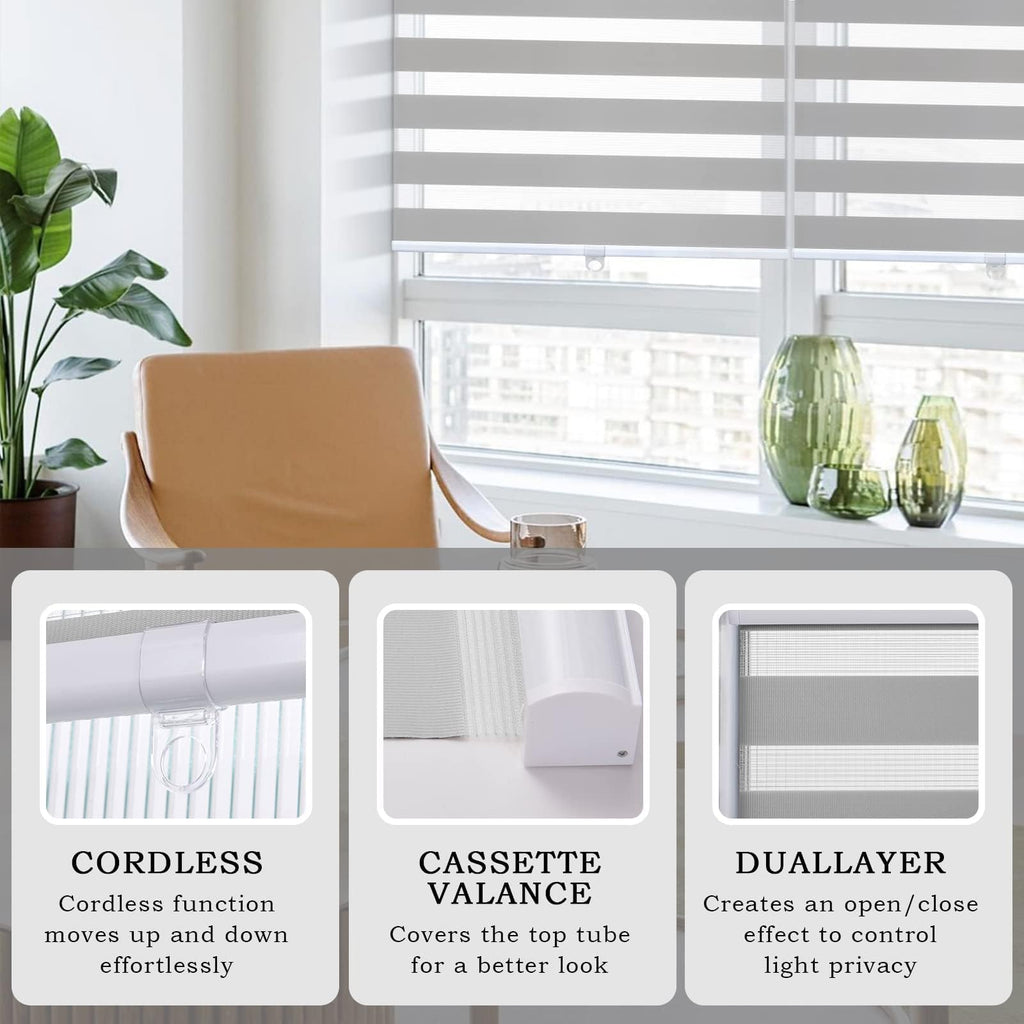 Zebra Blinds for Windows Cordless Roller Shades for Home Free-Stop Windows Shades Dual Layer Light Control for Day