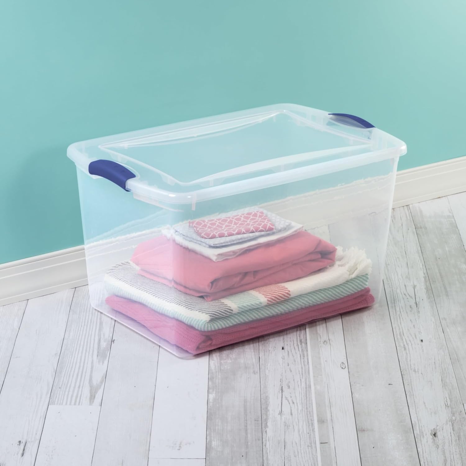 Large Storage Bin, 66 Quart Clear Plastic Storage Container with Latch Lid, Blue Latch