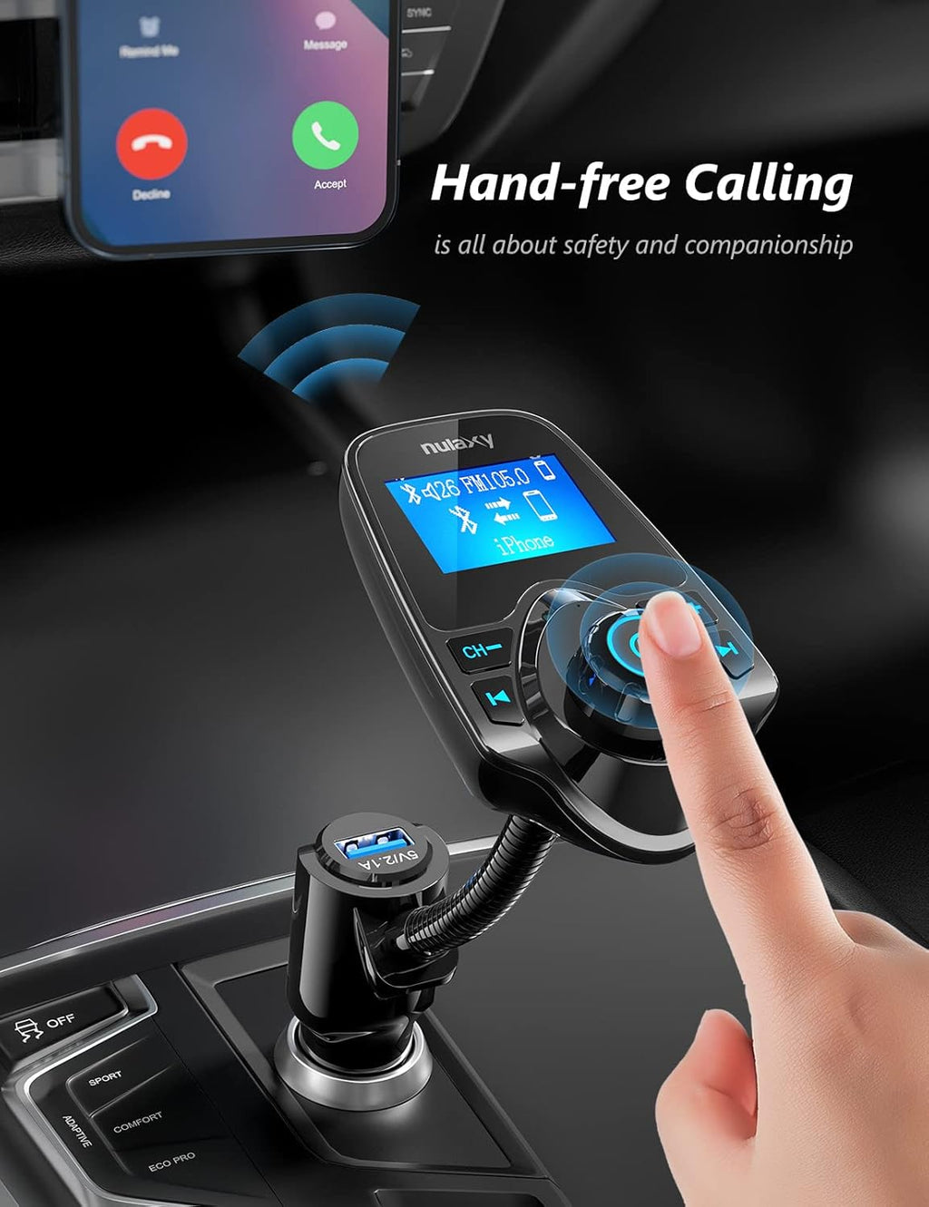 Bluetooth 5.4 Car Adapter FM Transmitter with 1.44" LCD Screen Black | Wireless FM Radio Player with Flexible
