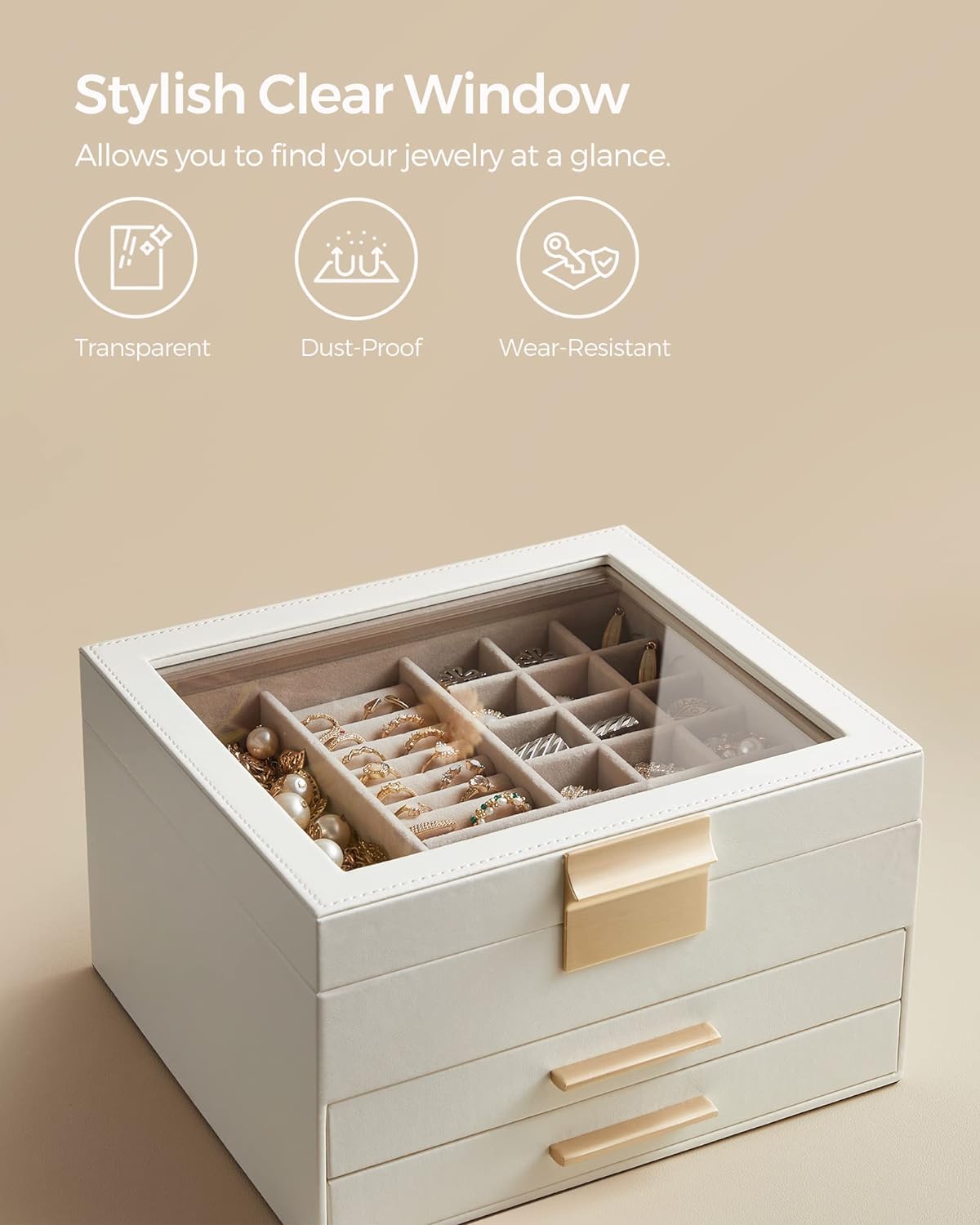 GISELLA Collection - Jewelry Box Organizer with Glass Lid, 3-Layer Jewelry Storage, with 2 Drawers, Modern Style, 8 x