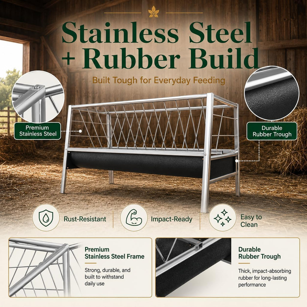 98 Gallon Hay Feeder, Anti-Waste Goat Feeder with Rubber Trough for Farms | Stainless steel feeder uses a hay rack