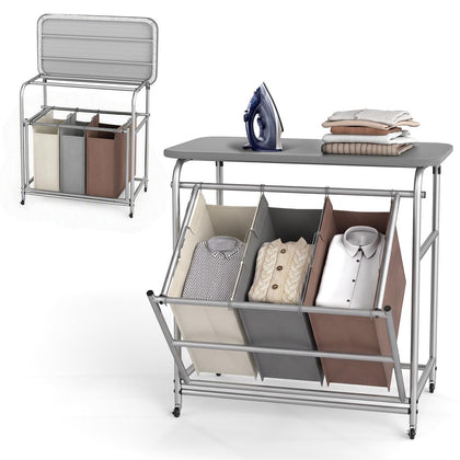 Laundry Sorter with Foldable Ironing Board, 3 Section Tilt Out Laundry Hamper with Removable Bags, Heavy-Duty Rolling
