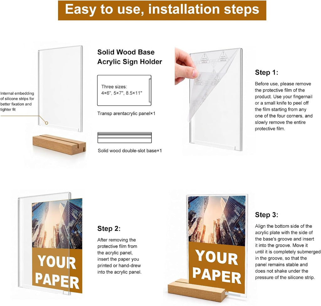 5×7 Acrylic Sign Holder,3Pack | High Definition,Dual-slot design,Solid wood base,Double-sided protective