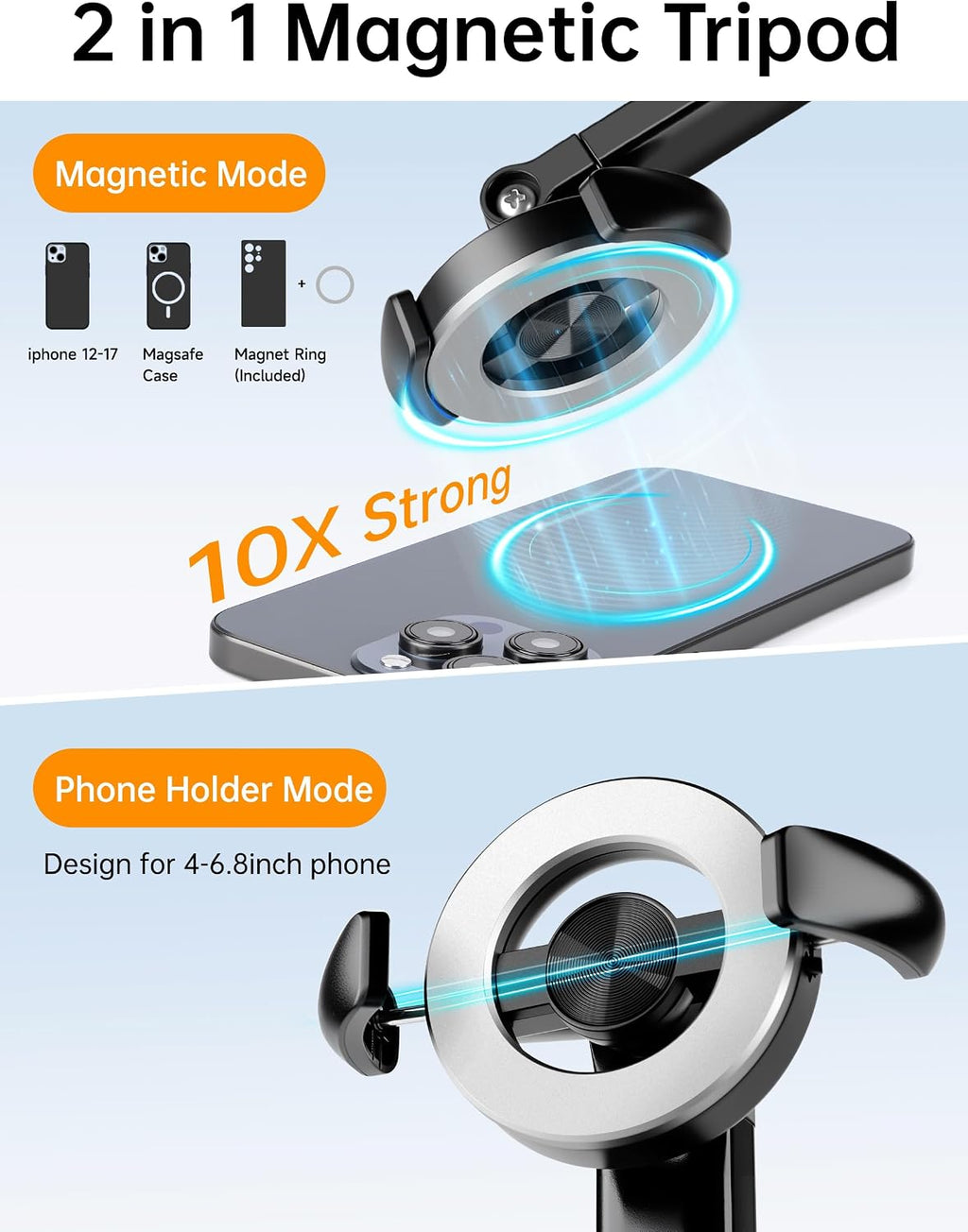 70" Magnetic Phone Tripod, Selfie Stick Tripod for iPhone MagSafe & Camera | Rechargeable Remote & 2 in 1 Magnetic