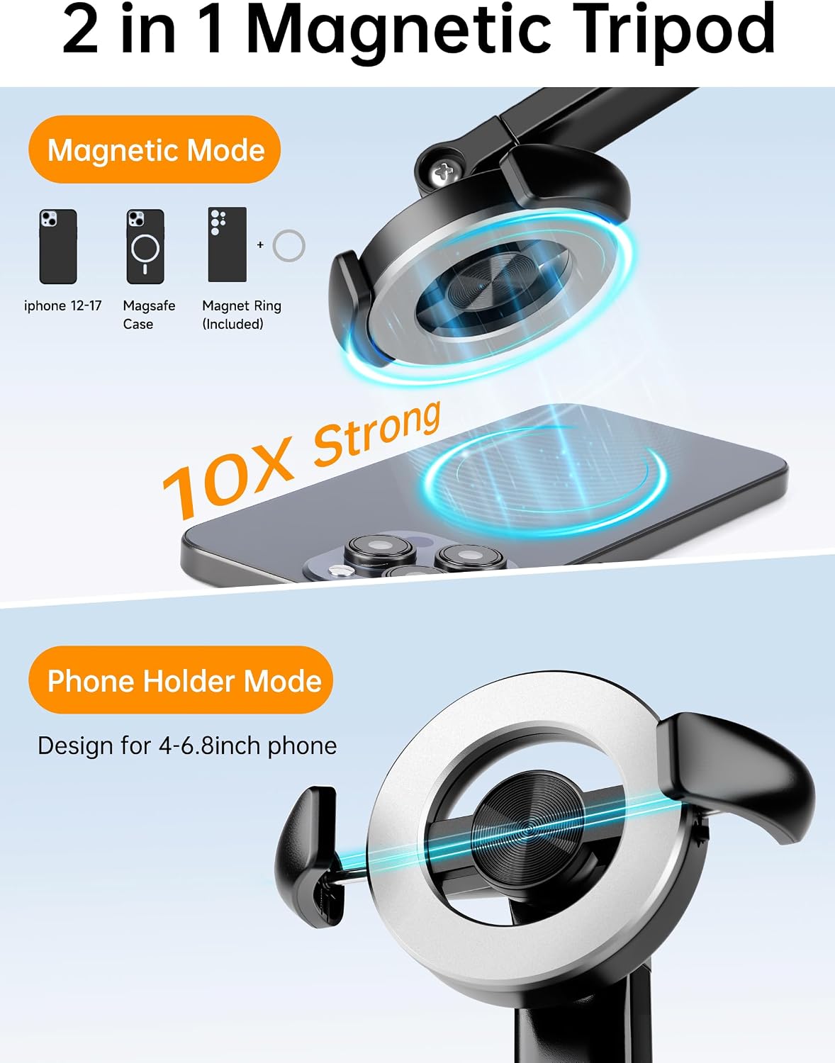 70" Magnetic Phone Tripod, Selfie Stick Tripod for iPhone MagSafe & Camera | Rechargeable Remote & 2 in 1 Magnetic