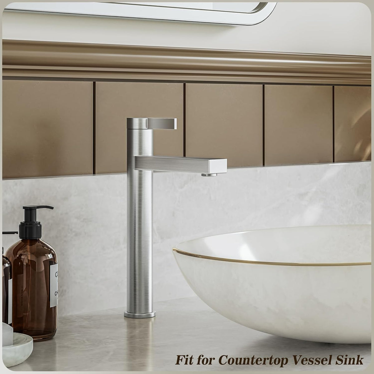 Brushed Nickel Tall Bathroom Vessel Sink Faucet, Single Hole Single Handle Modern Above Counter Sink Bathroom Faucet