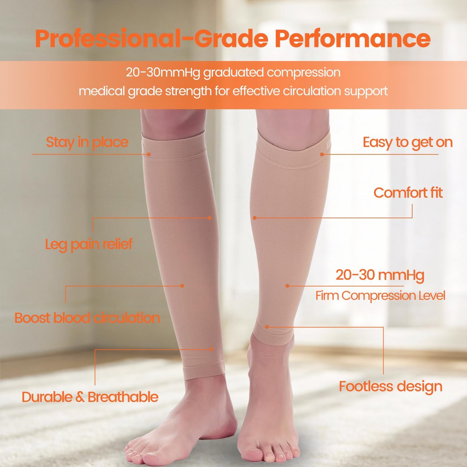Calf Compression Sleeve Women, 2 Pairs 20-30mmHg Footless Compression Socks for Swelling Shin Splints Varicose Veins
