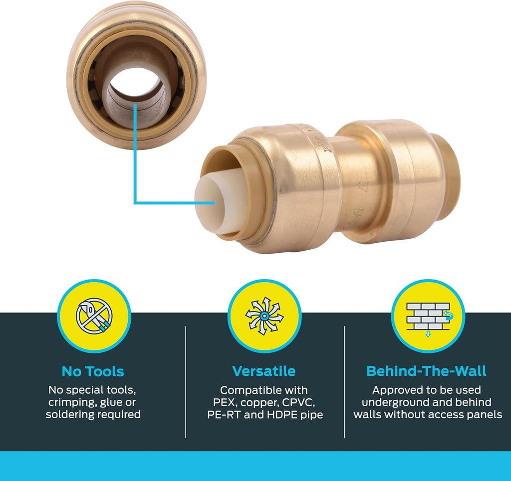 SharkBite 1/2 Inch Coupling, Pack of 4, Push to Connect Brass Plumbing Fitting, PEX Pipe, Copper, CPVC, PE-RT, HDPE, U008LFA4