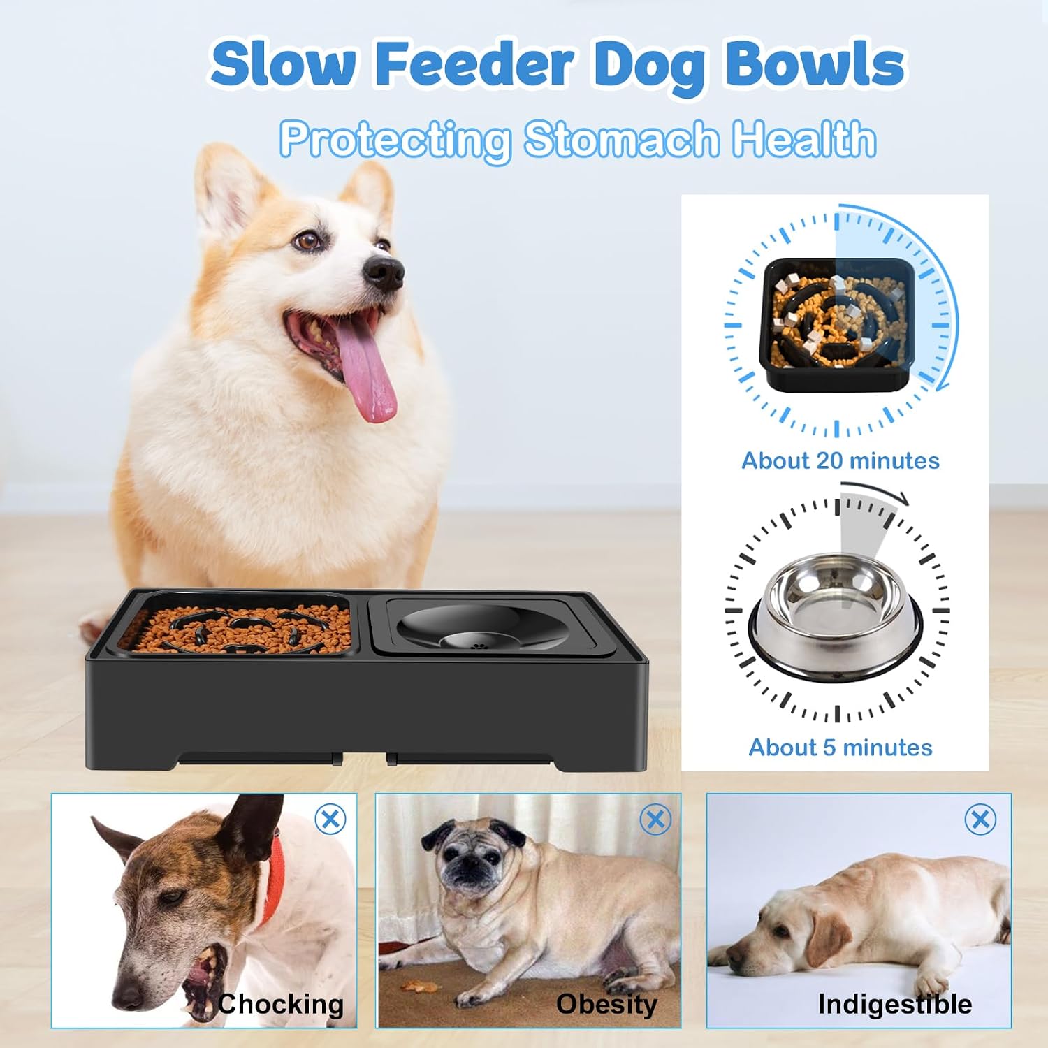 2-in-1 Elevated Slow Feeder Dog Bowls, 4 Height Adjustable Raised Dog Bowls Stand with No Spill Water Bowl, Non-Skid