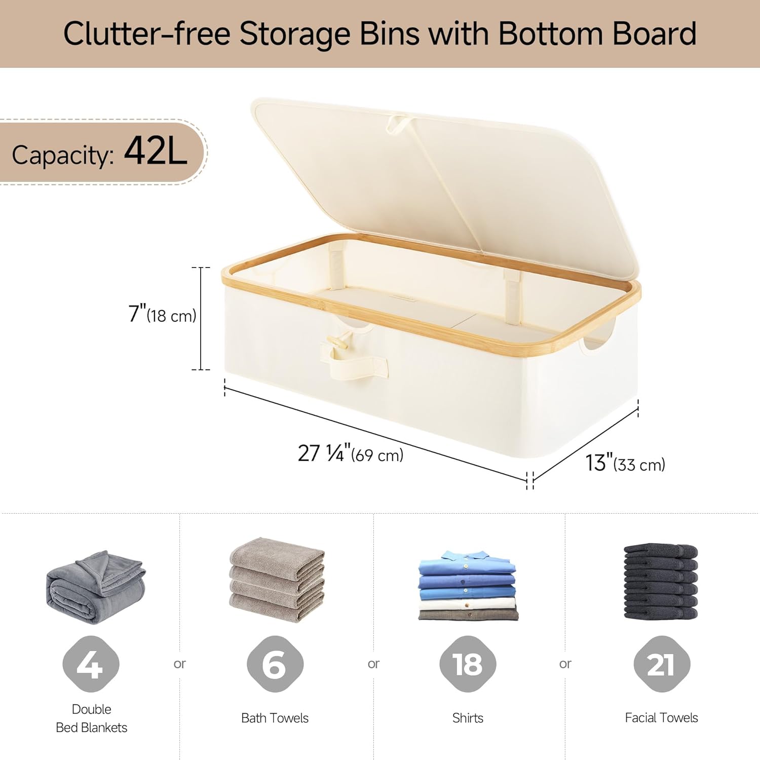 Underbed Storage Containers with Lids, 2-Pack 7" Low Profile Under Bed Storage Box with Bamboo Frame for Clothes