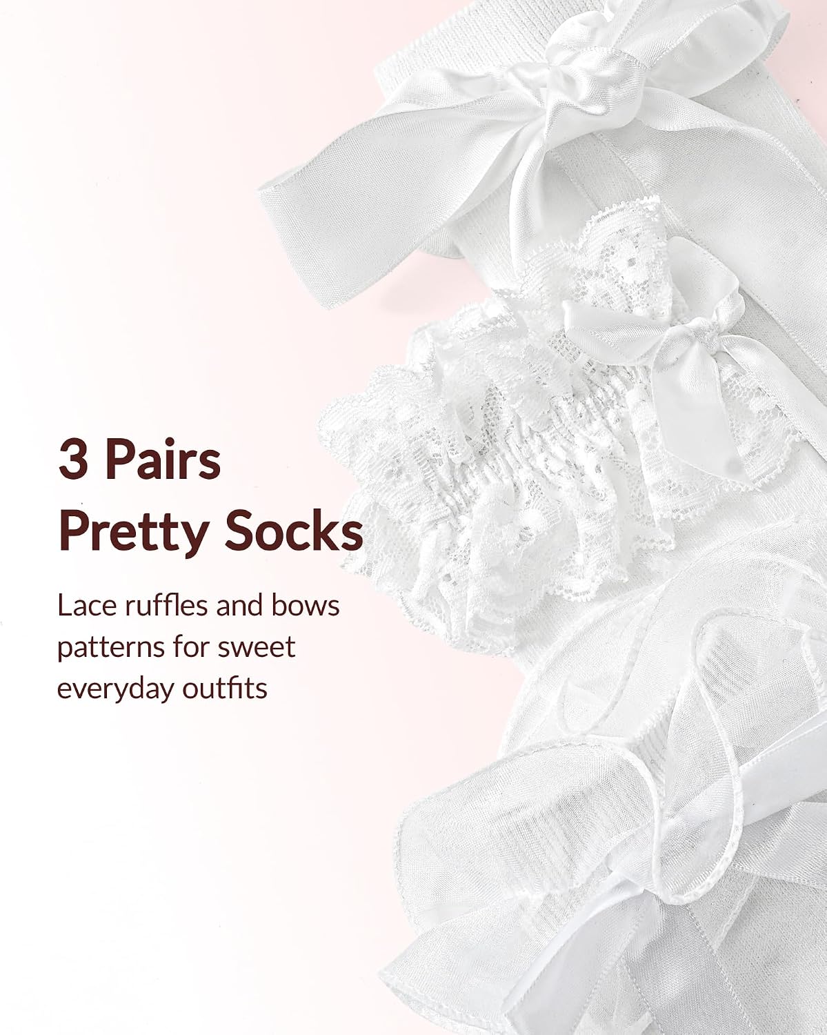 3 Pairs Womens Girls Knee High Socks, White Boot Socks