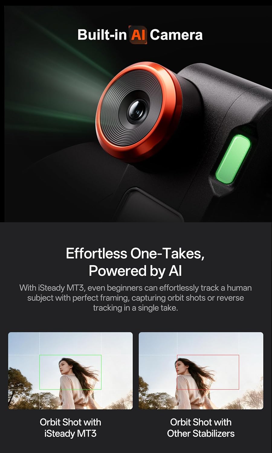 iSteady MT3 Gimbal Stabilizer for Camera Compact Mirrorless/Action Cams/Smartphone, Built-in AI Tracker CCT RGB