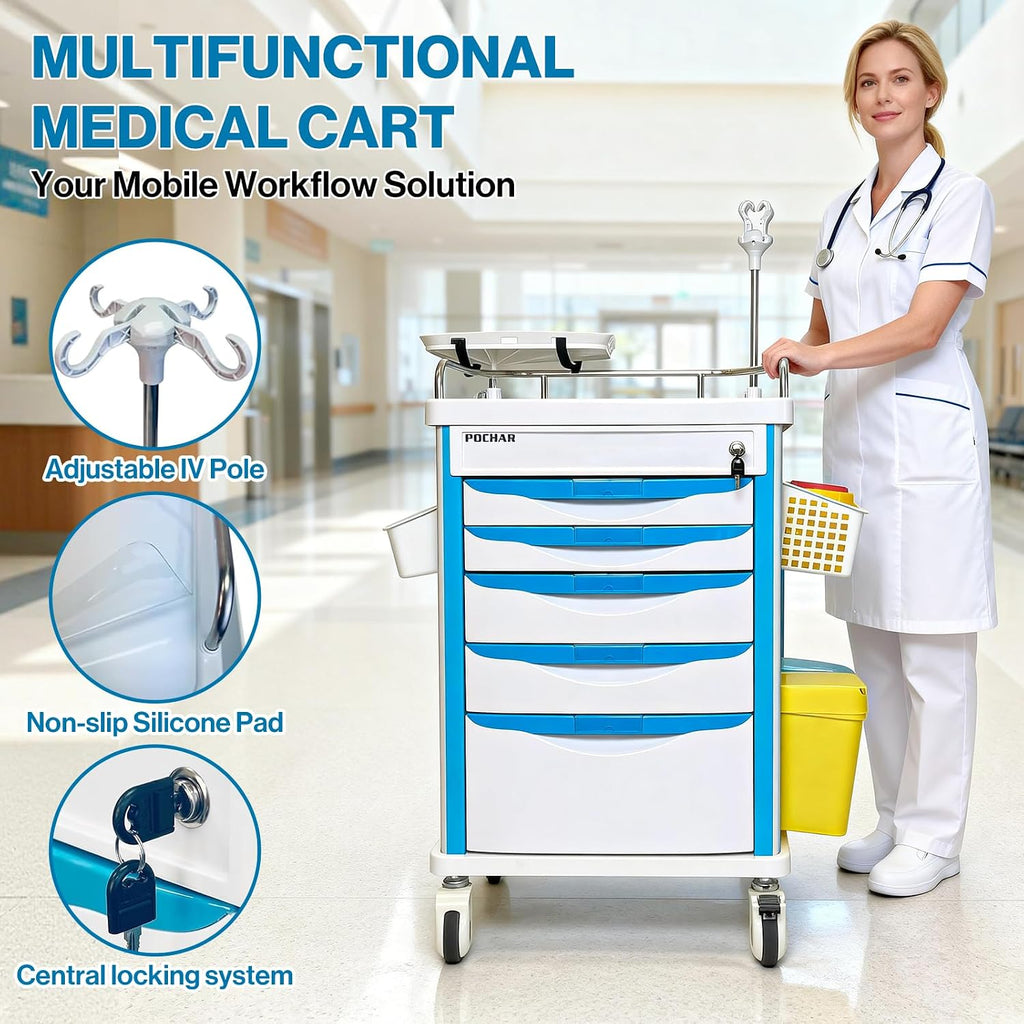Medical Crash Cart with Emergency Accessory | 5-Tier Medical Storage Crash Cart with 4 Silent Wheels & 2 Trash Cans