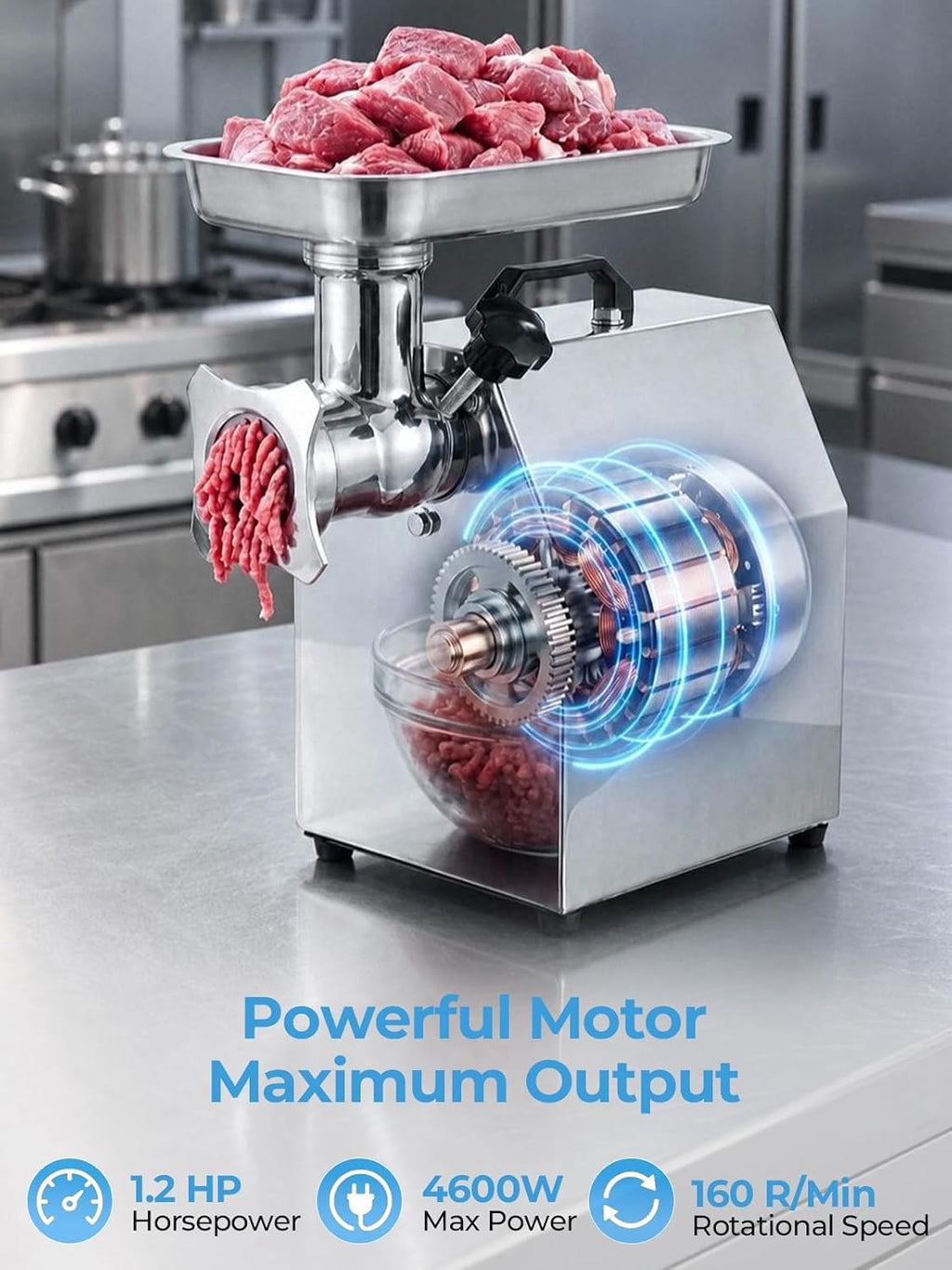 #22 Commercial Meat Grinder,1100 LB/H (19 LBS/Min),1.2HP Heavy-Duty Industrial Grinding Machine with Sausage Stuffing