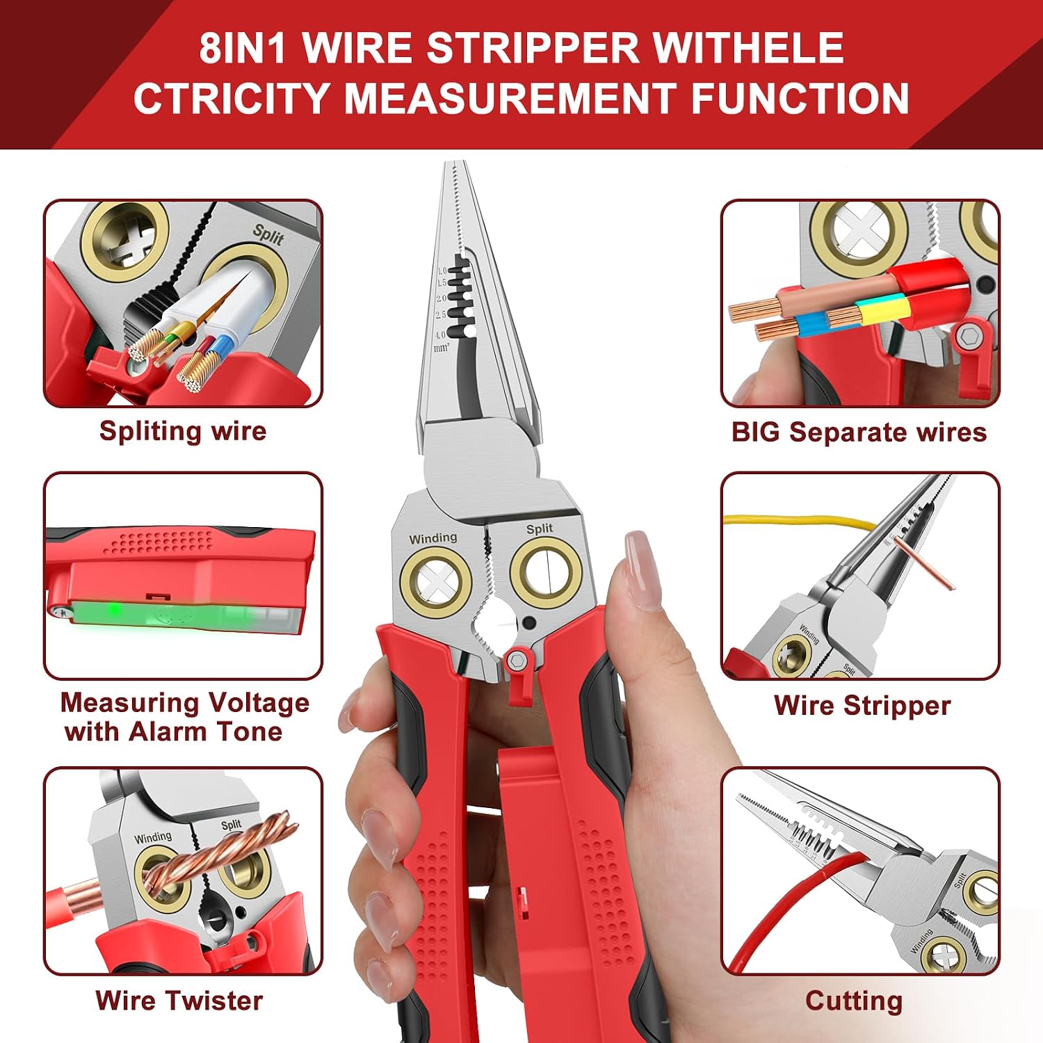 Pro 8-in-1 Wire Stripper/Cutter with Voltage Tester & Dual Alarms - Heavy Duty 12-250V AC/DC Electrical Tester for
