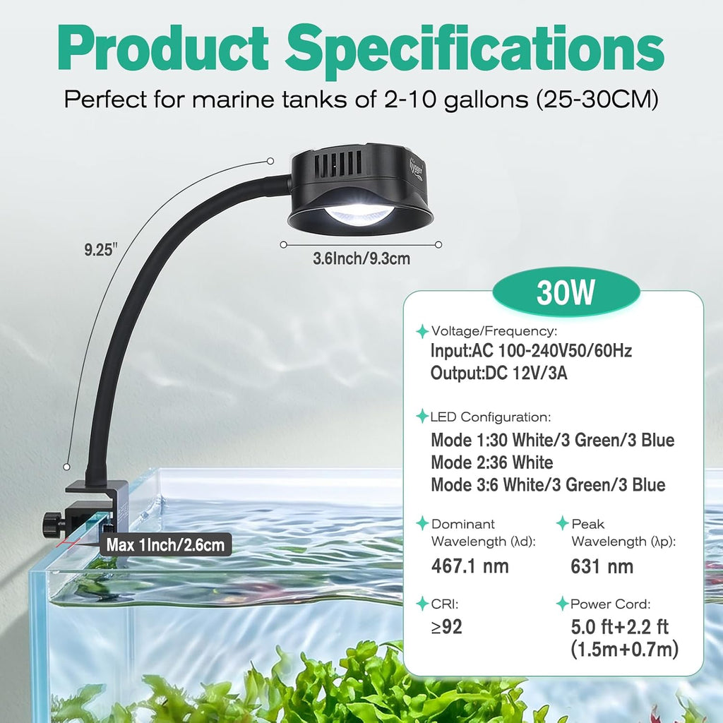Clip On LED Aquarium Light, 24/7 Cycle Fish Tank Light with Timer