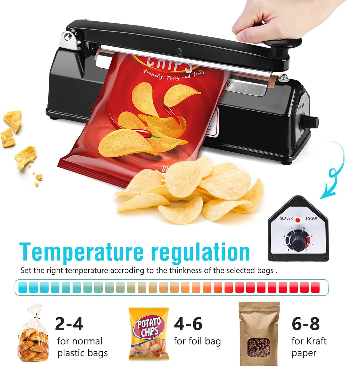 8 inch Bag Sealer, Black Impulse Heat Sealer for Plastic Bags