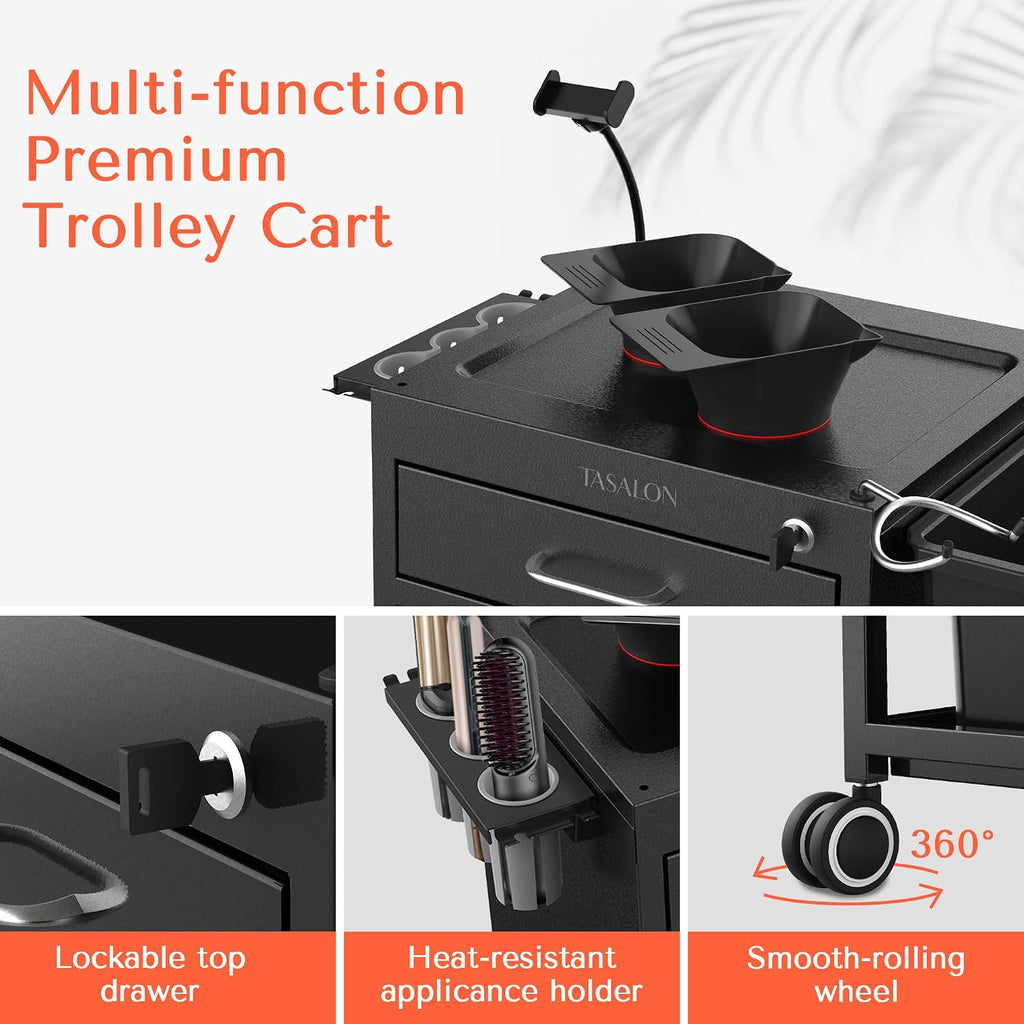 Wheeled Lockable Metal Salon Cart with Drawers & 2 Magnetic Bowls | Rolling mobile storage trolley designed for