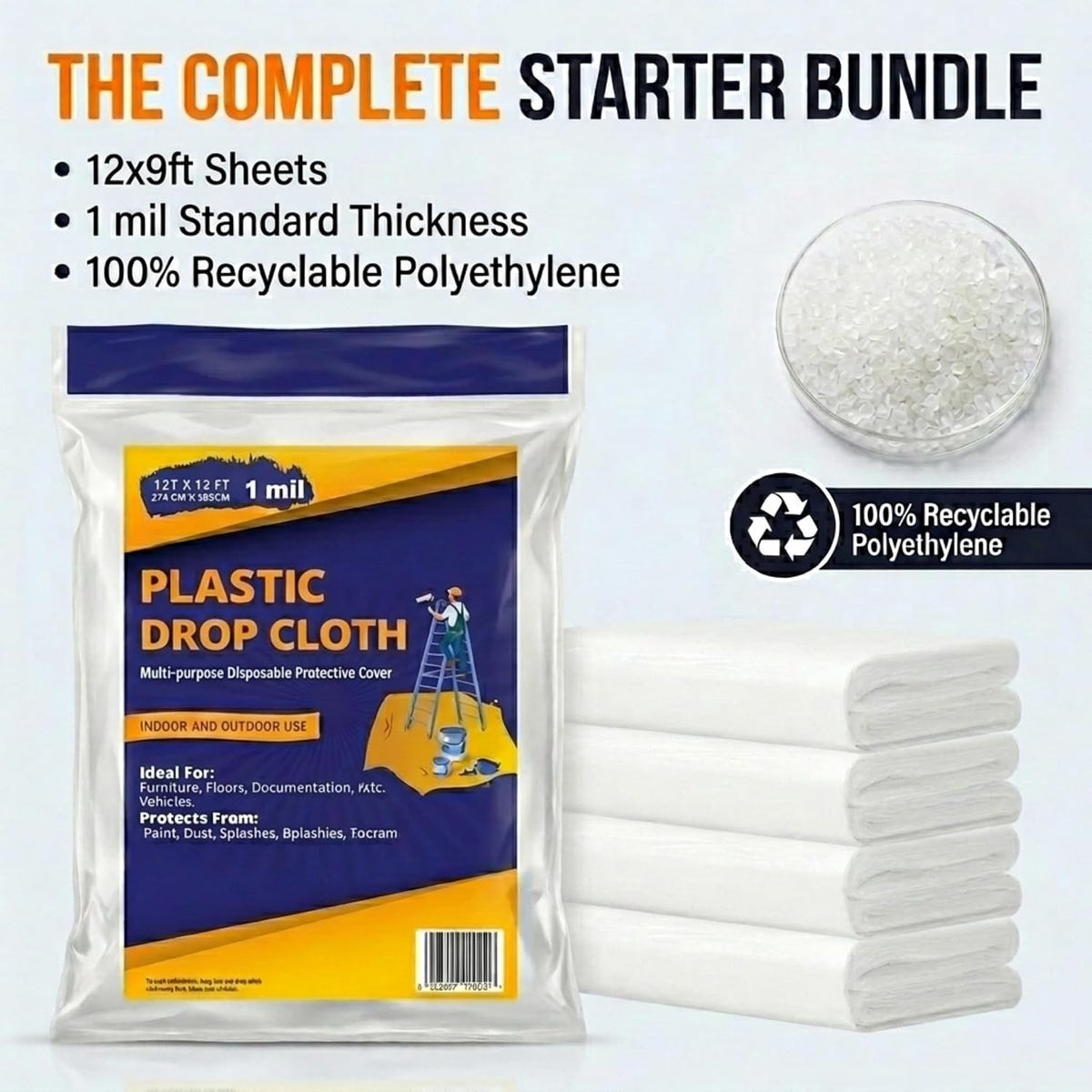 Drop Cloth Painters Plastic Sheeting - Plastic Drop Cloths for Painting, 9 x 12 Feet Paint Drop Cloth Tarp, Clear