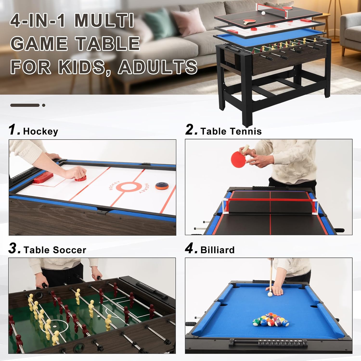 54" 4-in-1 Swivel Multi-Game Table -Combo Game Table Set for Kids, Adults - Indoor and Outdoor Arcade Sports Table
