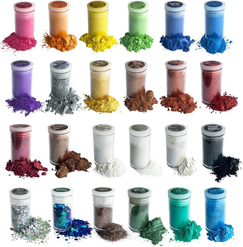 Pigment Set - 24 Colors Mica Powder for Lip Gloss, Skin Paint, Bath Bombs, Soap Making, Nail Polish, Epoxy Resin