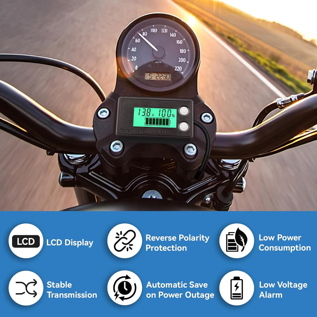 Waterproof Battery Monitor 12V 24V 36V 48V 72V Battery Meter 8-100V, Capacity Tester LCD Display with Green