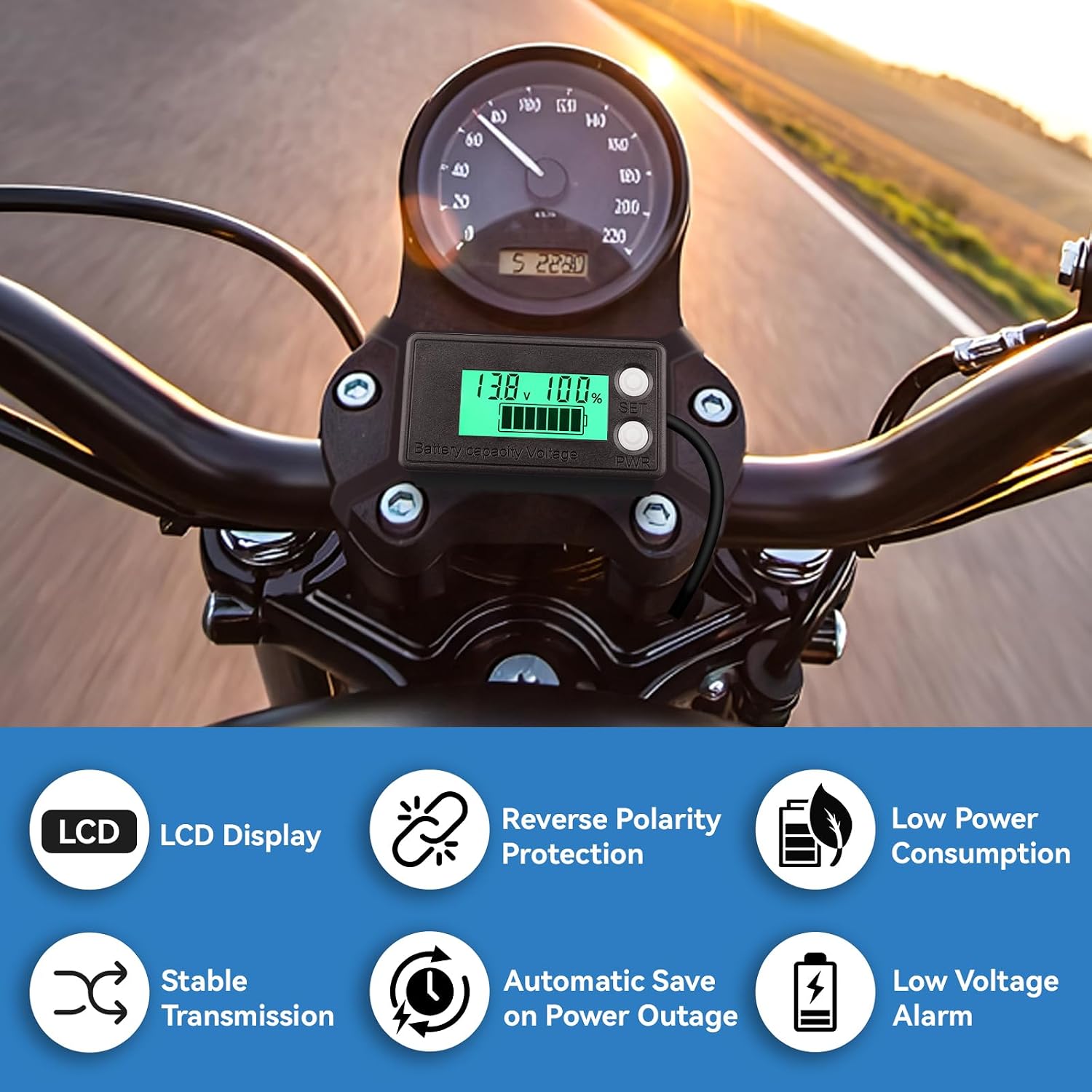 Waterproof Battery Monitor 12V 24V 36V 48V 72V Battery Meter 8-100V, Capacity Tester LCD Display with Green