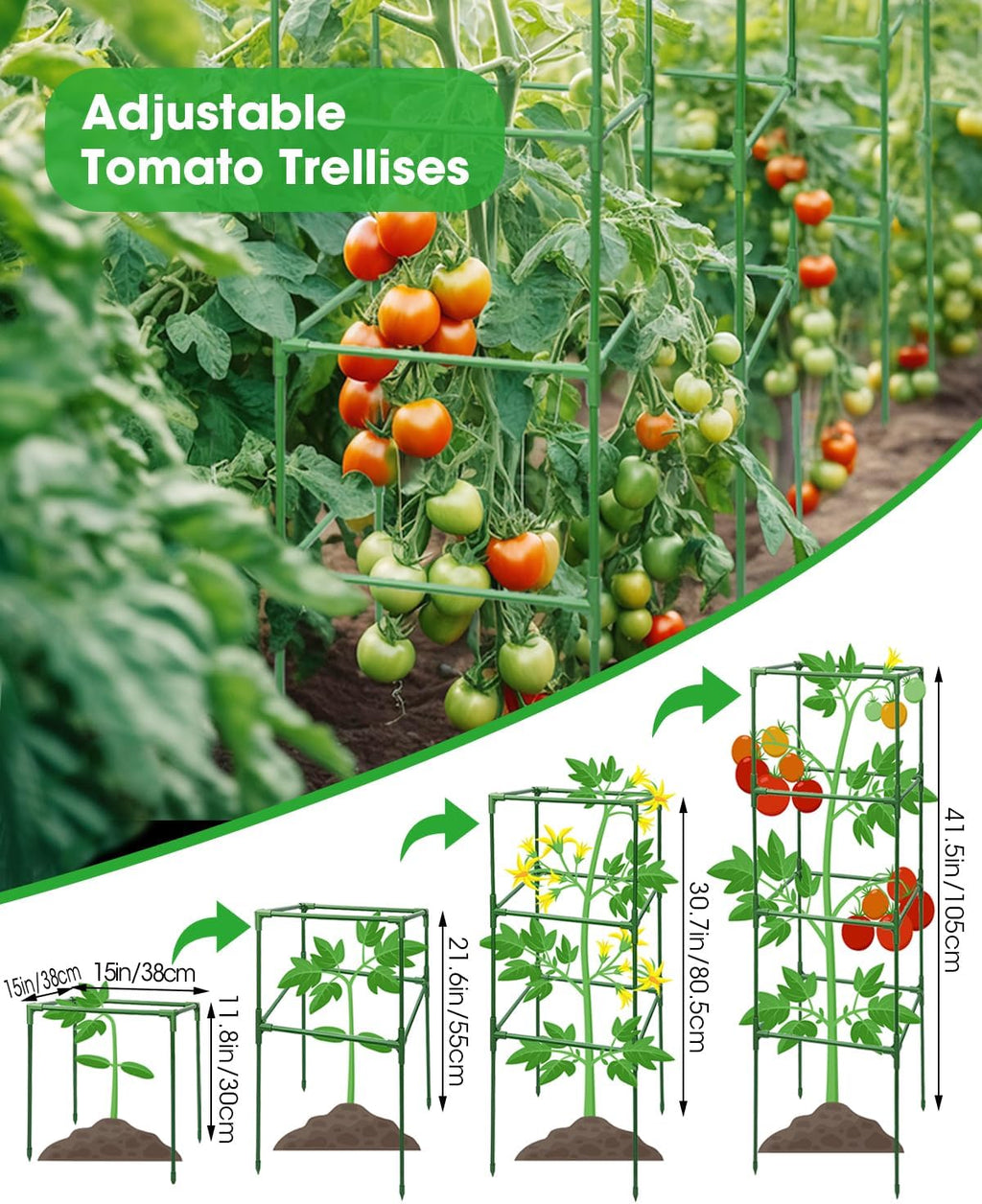 3 Pack Tomato Cages for Garden - Heavy Duty Square Tomato Plant Support Stakes, Height-Adjustable Tomato Trellis