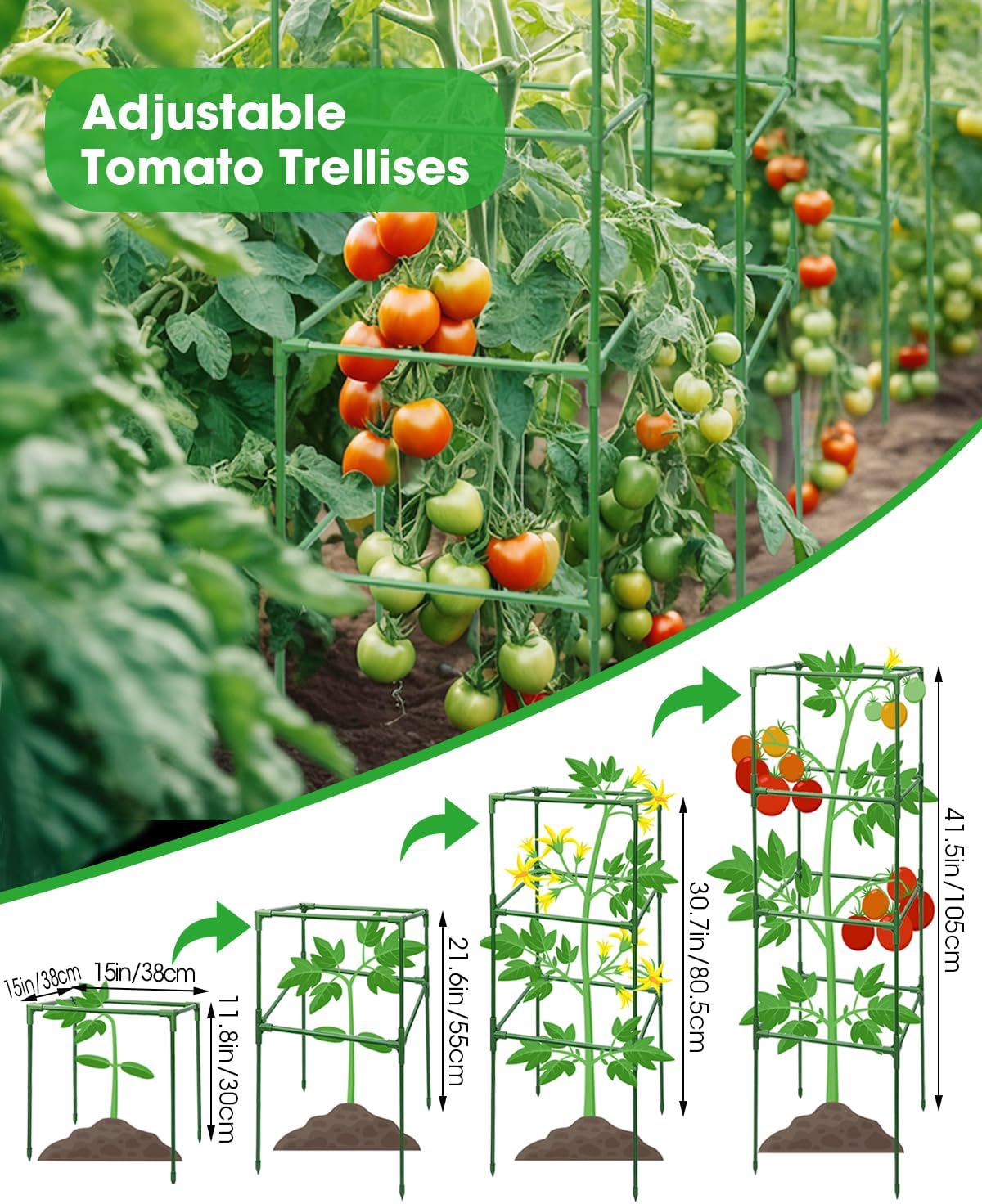 3 Pack Tomato Cages for Garden - Heavy Duty Square Tomato Plant Support Stakes, Height-Adjustable Tomato Trellis