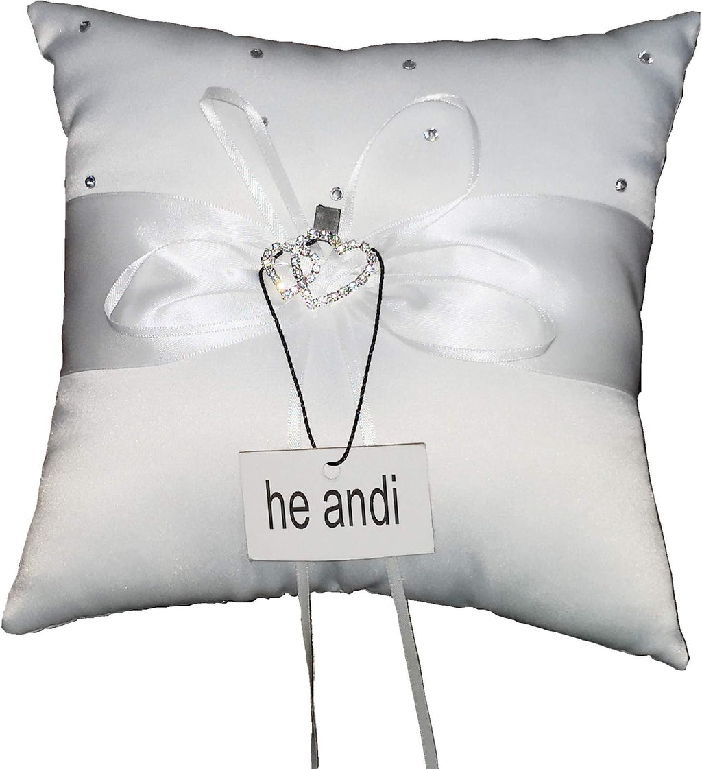 7.8" Satin Double Hearts Decoration Wedding Ring Bearer Pillow (White)