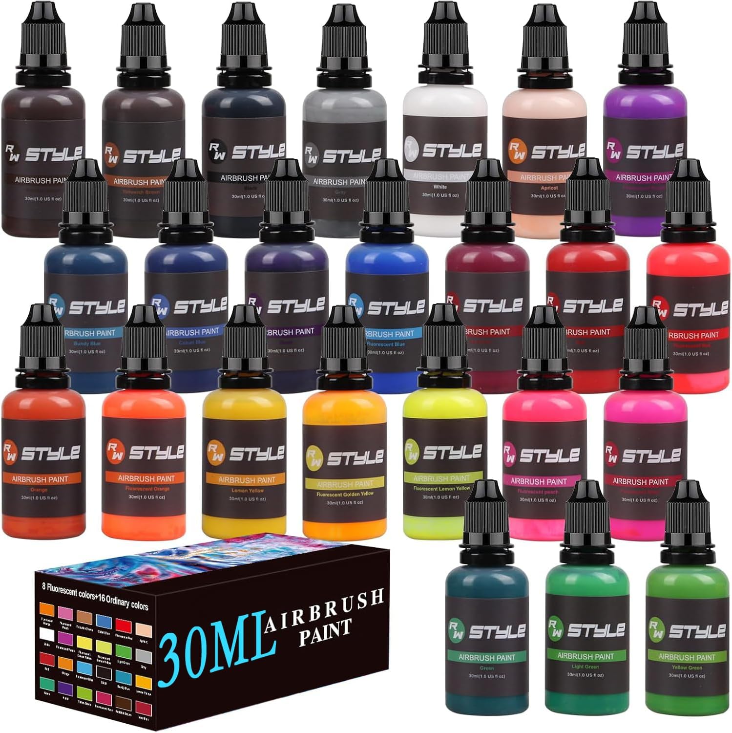 Airbrush Paint - 24 Colors Airbrush Paint Set 1fl oz, Opaque & Brilliant Colors, Leather & Shoe Acrylic Air brush