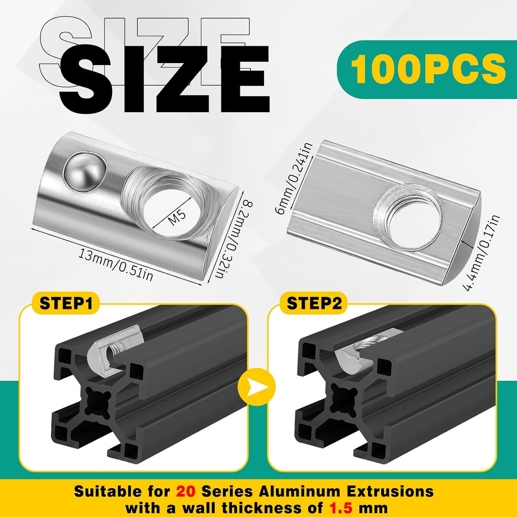 Yaocom 100 Pcs 2020 Series M5 T Nuts Half Roll in Spring