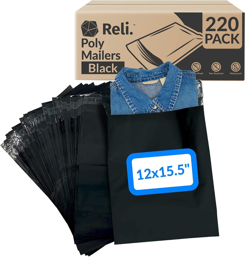 (220 Pcs) 12x15.5" Black Poly Mailers | Shipping Bags, Small Business