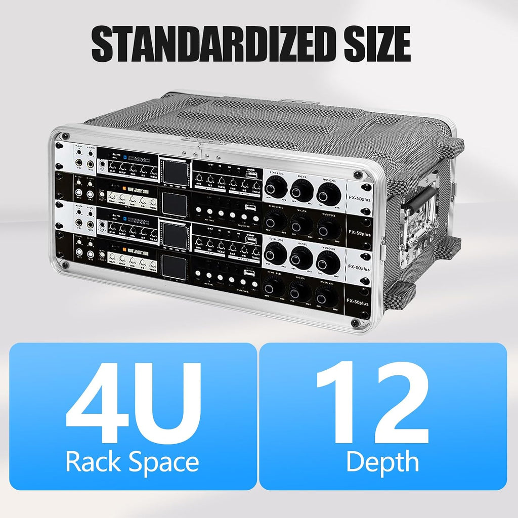 4U ABS Rack Case Shallow 12" Depth, 19" Rackmount Flight Road Travel Case, Waterproof Protective Hard Case with