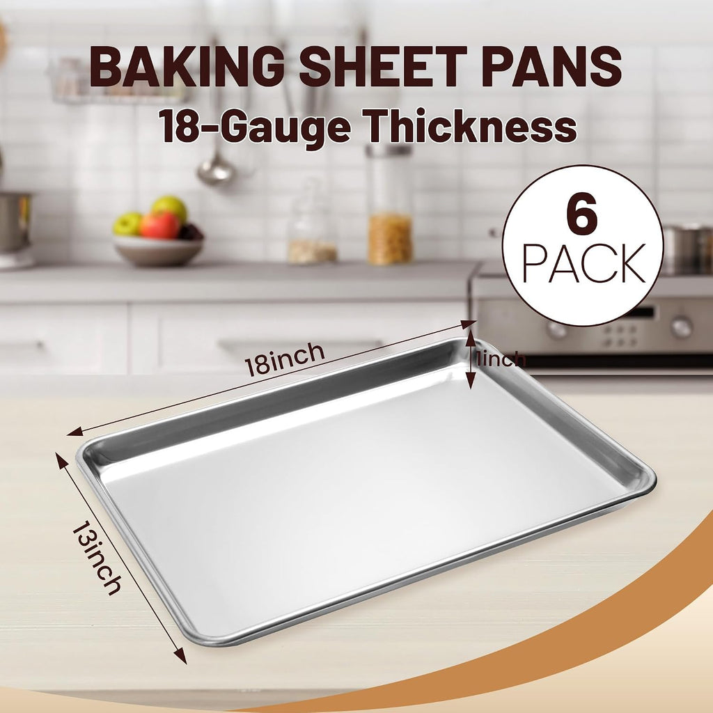 6 Pack Half Size Baking Sheet Pan, Aluminum Commercial Pan 18" x 13"