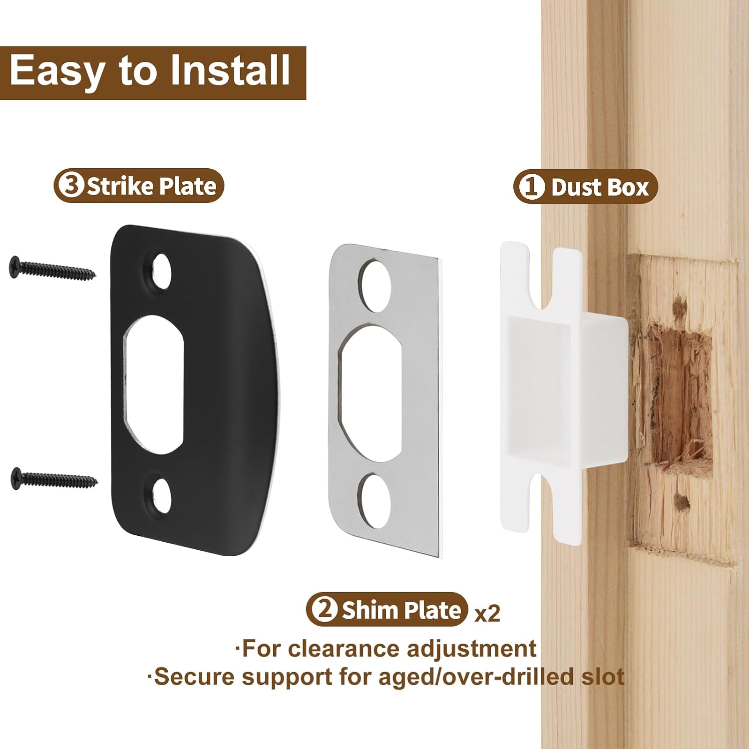 Standard Door Strike Plate with Spacer Shims, 2-1/4"H x 1-3/4"W | Reinforcement Kits Included, Deburred Edges for