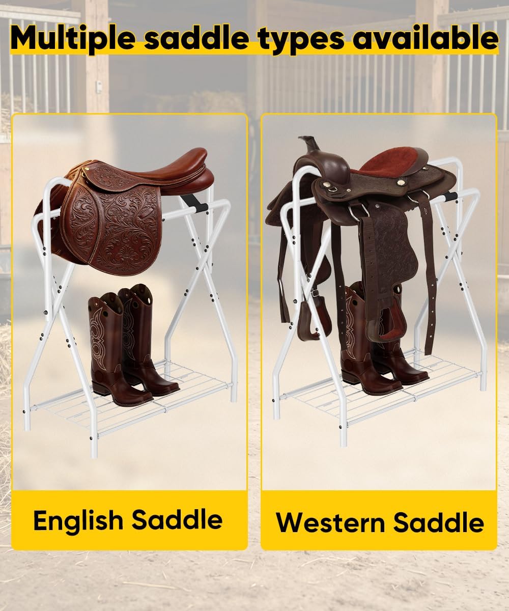 Horse Saddle Rack for English Saddle, Foldable Saddle Stand with Bottom Storage for Horse Tack, Saddle Pad Rack for