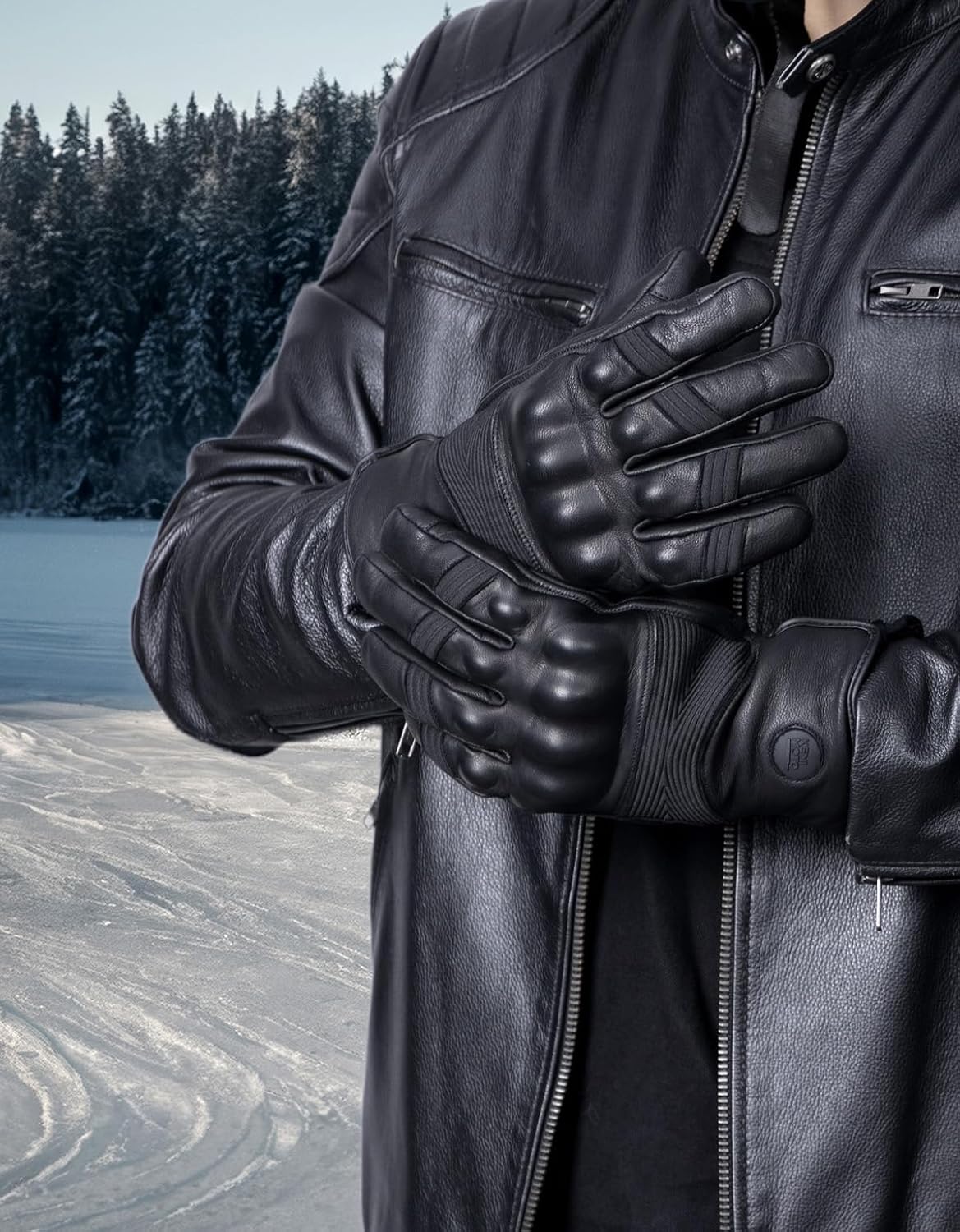 Winter Leather Motorcycle Gloves for Men, Gauntlet Warm Gloves with Knuckle Protection Touchscreen for Motorcycle Riding